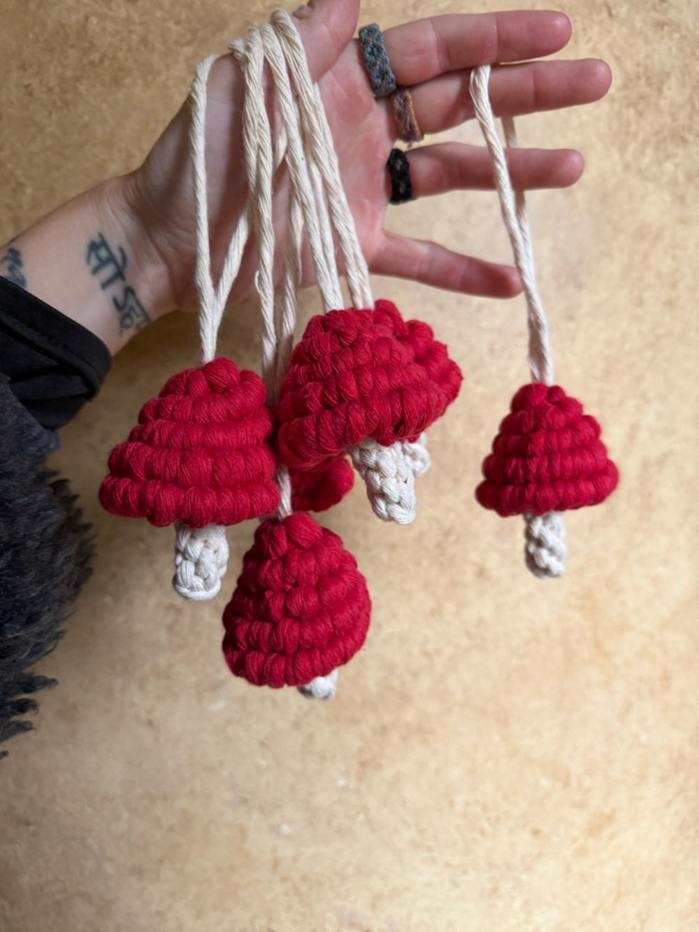 Original GoodVibeGoda 6 Handmade Red Macramé Mushroom Ornaments